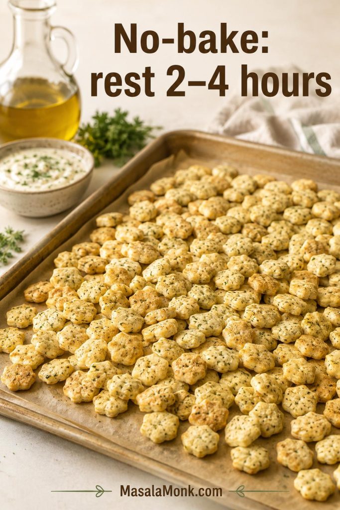 No-bake ranch oyster crackers resting on a sheet pan with oil and seasoning nearby.