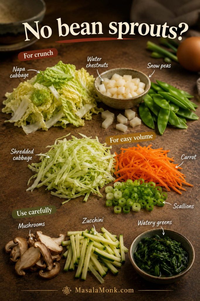 Bean sprout substitutes for Egg Foo Young including Napa cabbage, water chestnuts, snow peas, shredded cabbage, carrot, scallions, mushrooms, zucchini, and greens.