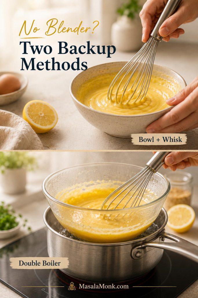 Bowl-and-whisk hollandaise and double-boiler hollandaise methods shown with whisk, bowl, saucepan, and gentle heat.