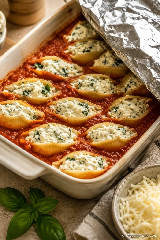 Filled jumbo shells sitting in marinara sauce with foil partly covering the baking dish before baking.