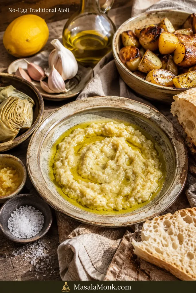 Rustic no-egg traditional aioli in a shallow bowl with olive oil, bread slices, roasted potatoes, artichokes, lemon, garlic, and salt.