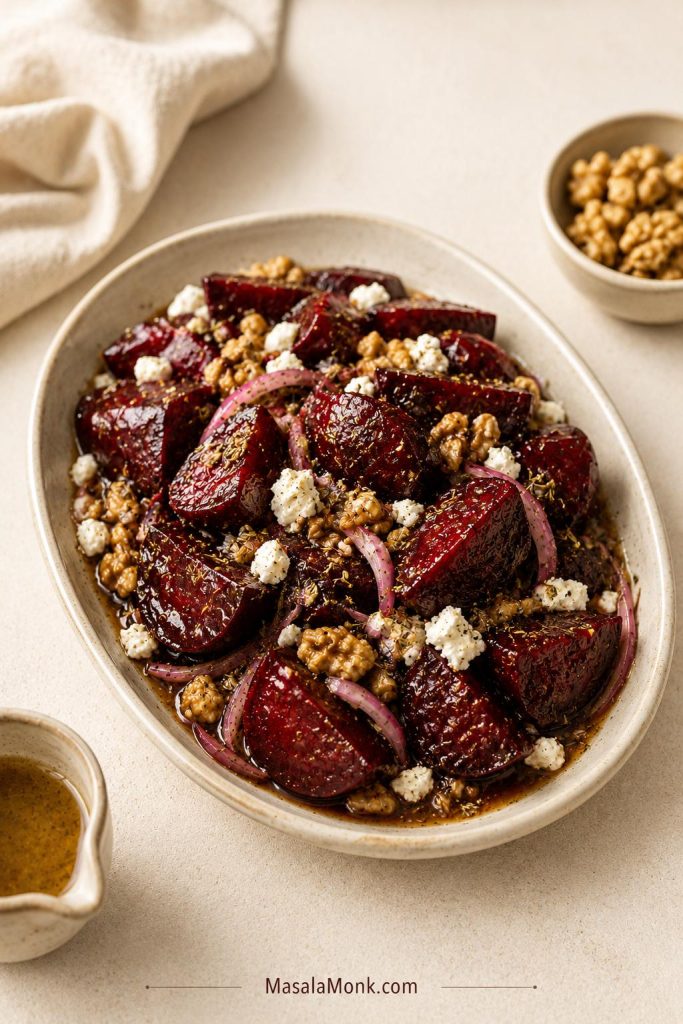 No-greens beet salad with roasted beet wedges, feta, walnuts, herbs, and shallot.