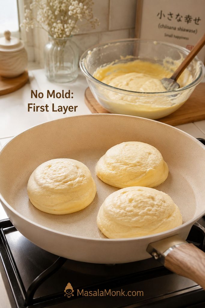 Three no-mold Japanese pancake batter mounds cooking in a pan with a bowl of batter behind them.