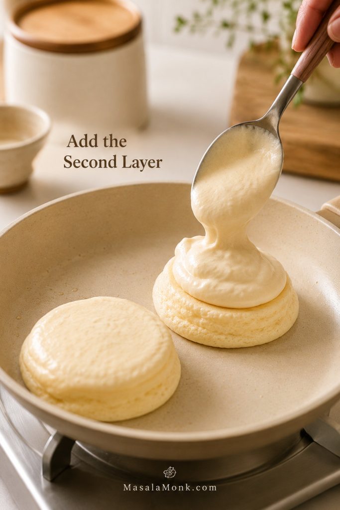 Reserved batter being spooned on top of a partially set no-mold Japanese pancake in a pan.