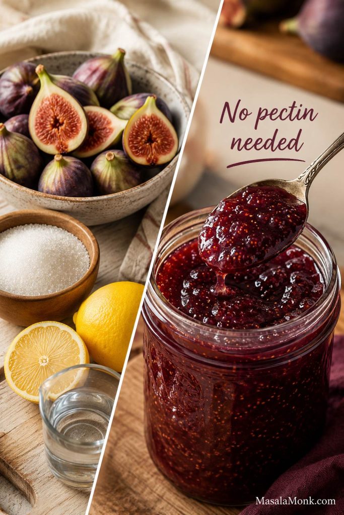 No-pectin fig jam shown with fresh figs, sugar, lemon, water, and a spoonful of finished jam.
