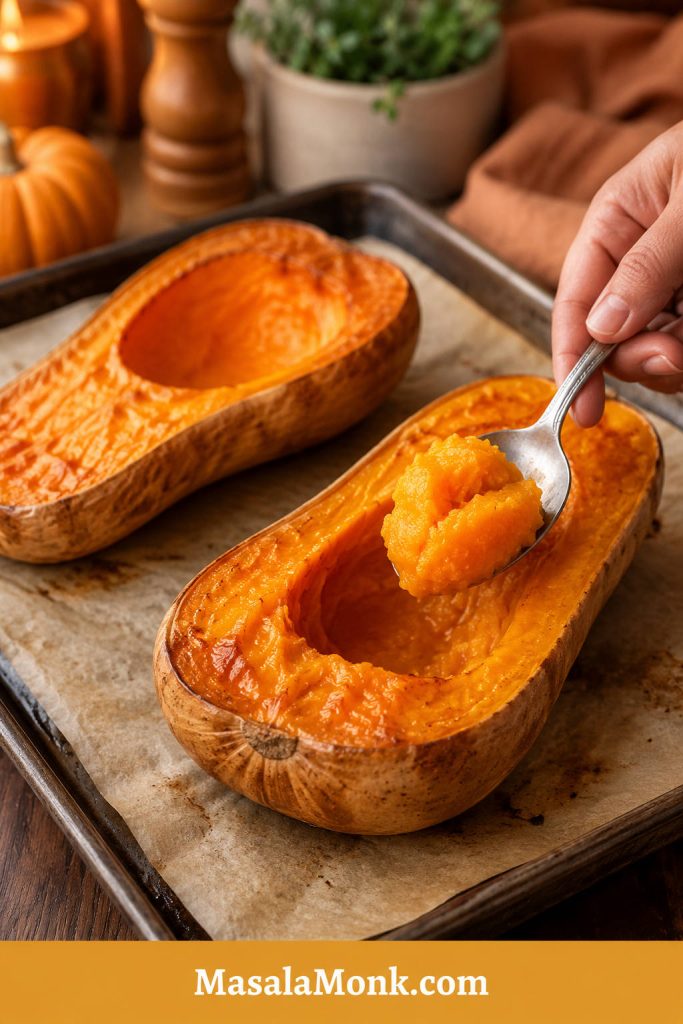 Roasted butternut squash halves on parchment paper with soft orange flesh being scooped from the skin using a spoon.