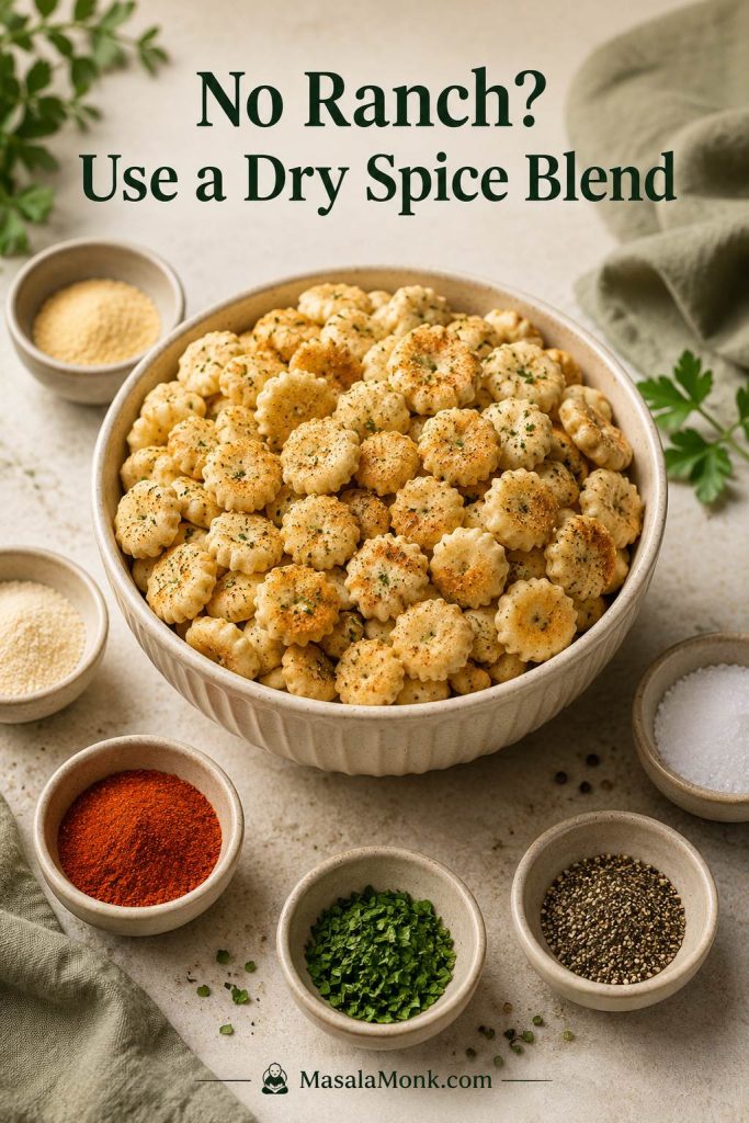 Seasoned oyster crackers with bowls of paprika, parsley, black pepper, salt, garlic powder, and onion powder.