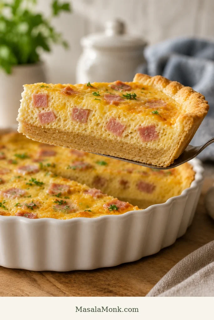 Lifted slice of ham and cheese quiche showing a clean, firm bottom crust, creamy custard, diced ham, melted cheese, and golden edge.