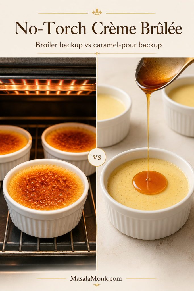 No-torch crème brûlée decision board comparing the broiler backup method with the caramel-pour backup method.