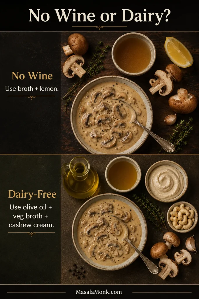 Guide for no-wine and dairy-free mushroom sauce showing broth, lemon, olive oil, vegetable broth, cashew cream, cashews, mushrooms, garlic, and thyme.