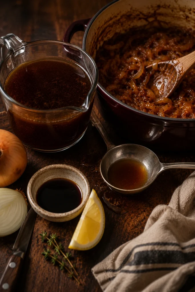 Broth, vinegar, lemon, and caramelized onions arranged for no-wine French onion soup.
