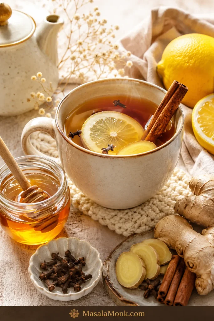 Non-alcoholic hot toddy in a ceramic mug with ginger tea, honey, lemon, cinnamon, cloves, fresh ginger, and no alcohol bottle.