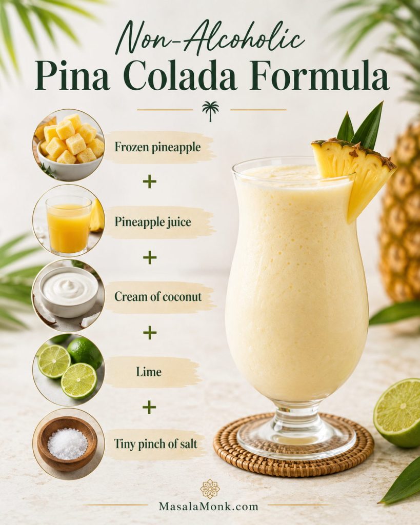 Non-alcoholic pina colada formula graphic showing frozen pineapple, pineapple juice, cream of coconut, lime, and a tiny pinch of salt.