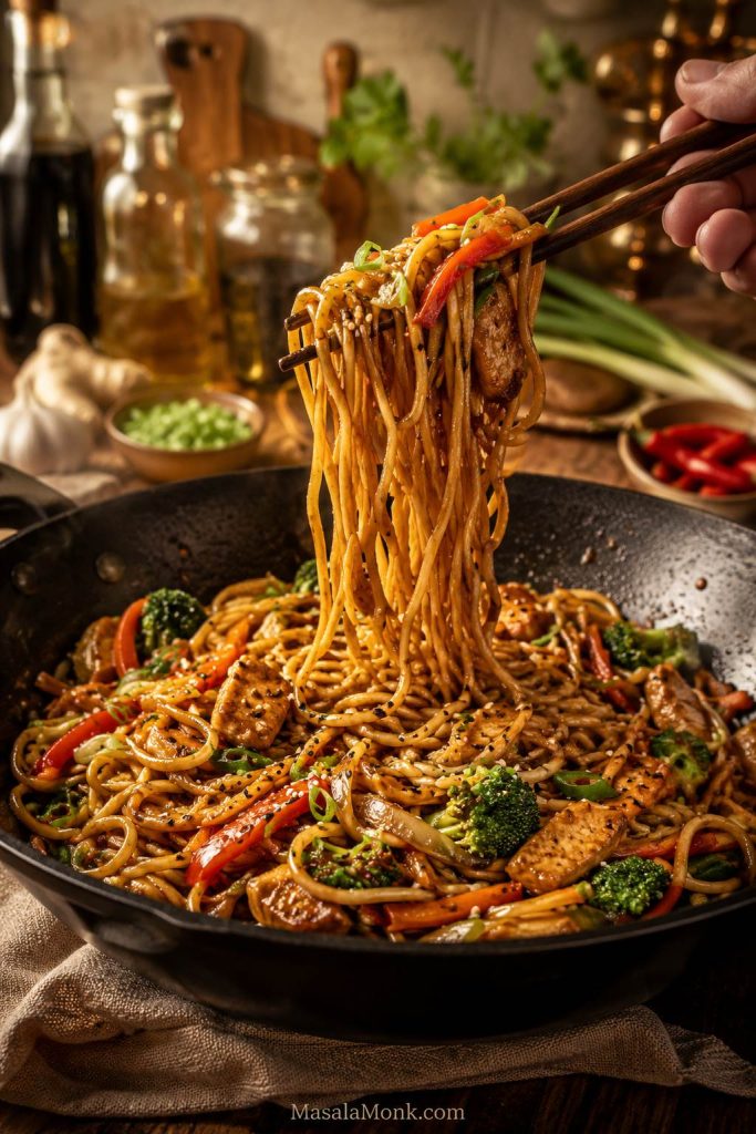 Chopsticks lifting glossy stir-fried noodles from a wok with vegetables, tofu or chicken pieces, scallions, and brown sauce.