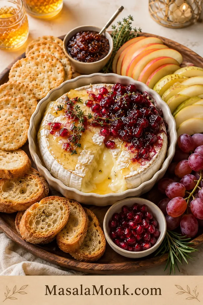 Nut-free baked brie board with honey, cranberry sauce, fig jam, pomegranate seeds, apples, pears, grapes, herbs, crackers, and crostini.