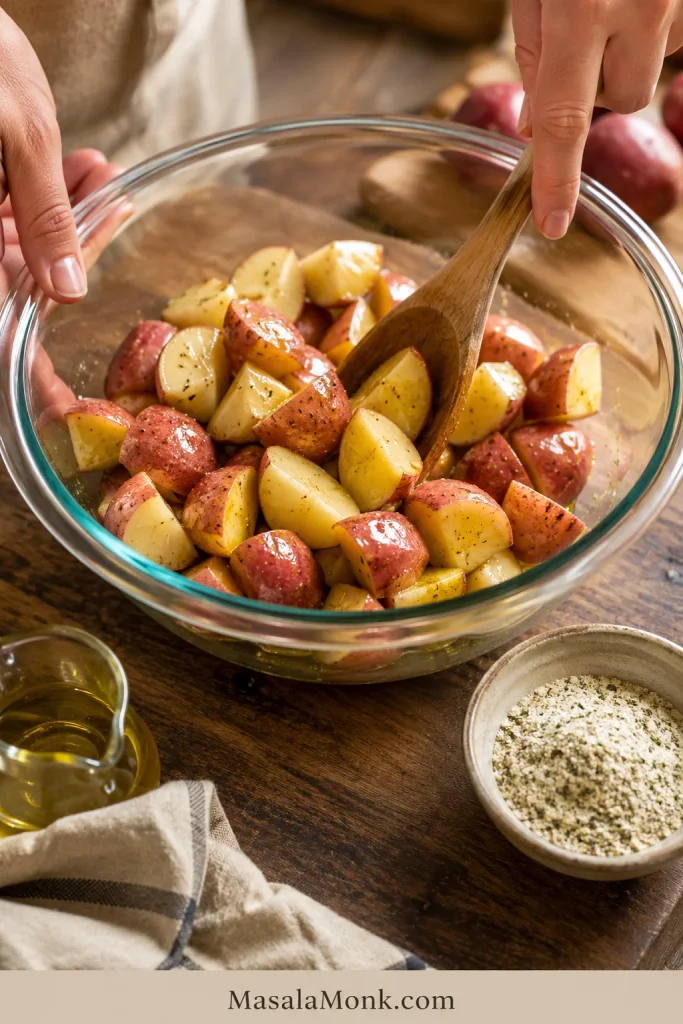 Potato chunks being tossed with oil in a glass mixing bowl, with a small bowl of dry ranch seasoning nearby.