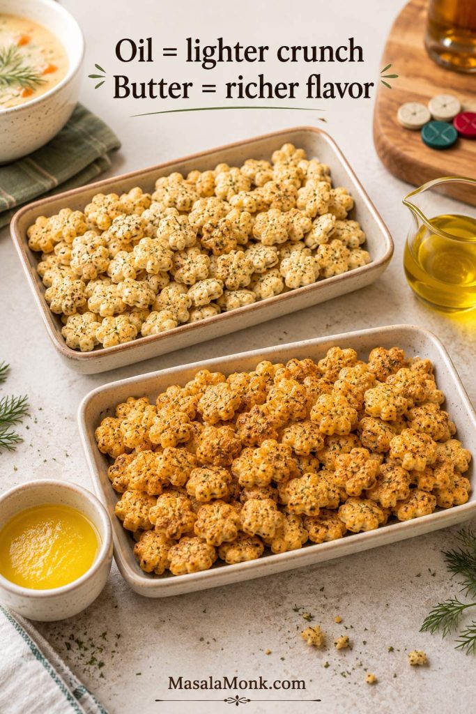Two ranch oyster cracker batches comparing a lighter oil-coated version with a richer butter-coated version.