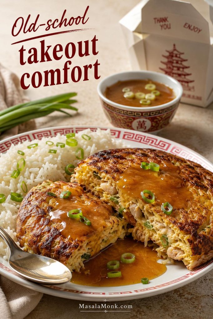 Cut-open Chinese-American Egg Foo Young patty served with rice, brown gravy, scallions, a spoon, and a takeout box in the background.