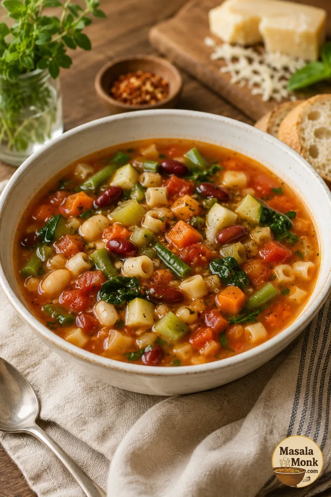 Light tomato-broth minestrone soup in a cream bowl with kidney beans, white beans, pasta, carrots, zucchini, green beans, celery, spinach, and herbs.