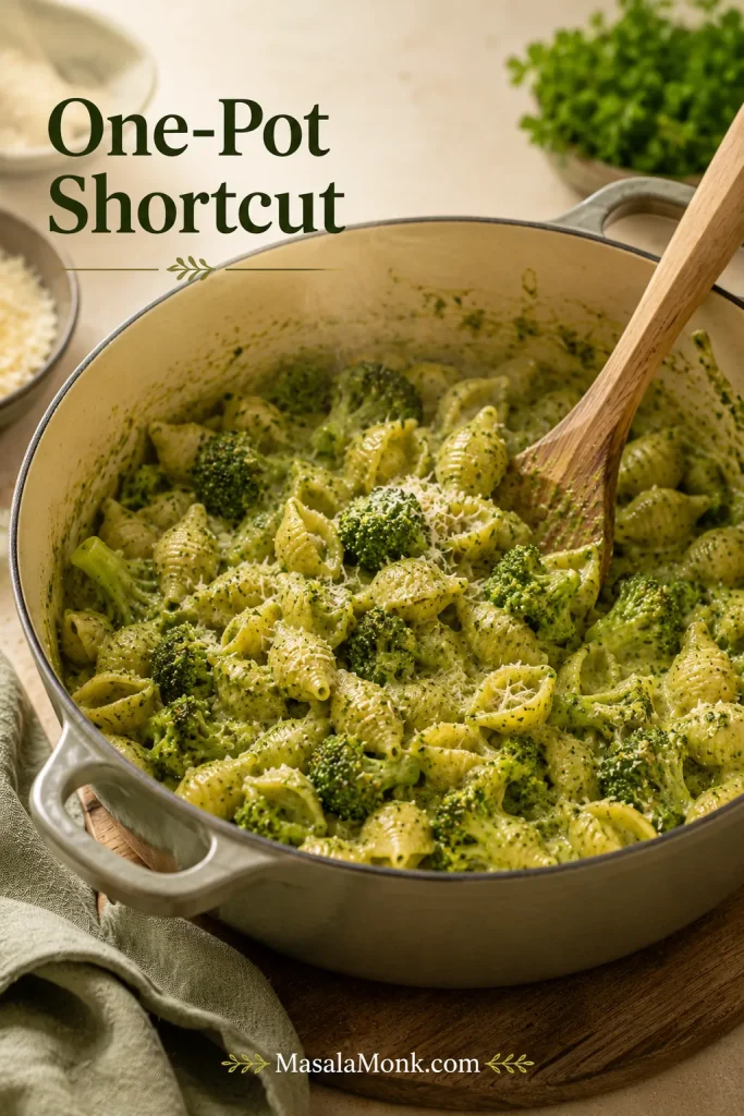 Broccoli pasta with short shells in a Dutch oven with a wooden spoon, grated Parmesan, and text reading “One-Pot Shortcut.”
