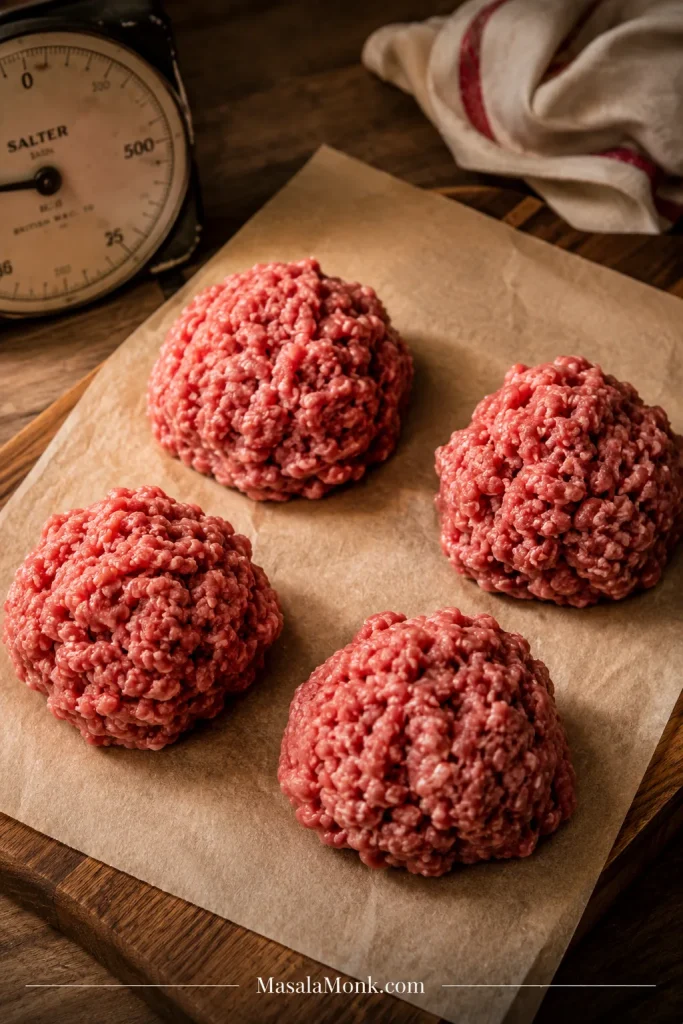 Four loose portions of raw ground beef on parchment paper with a kitchen scale nearby.