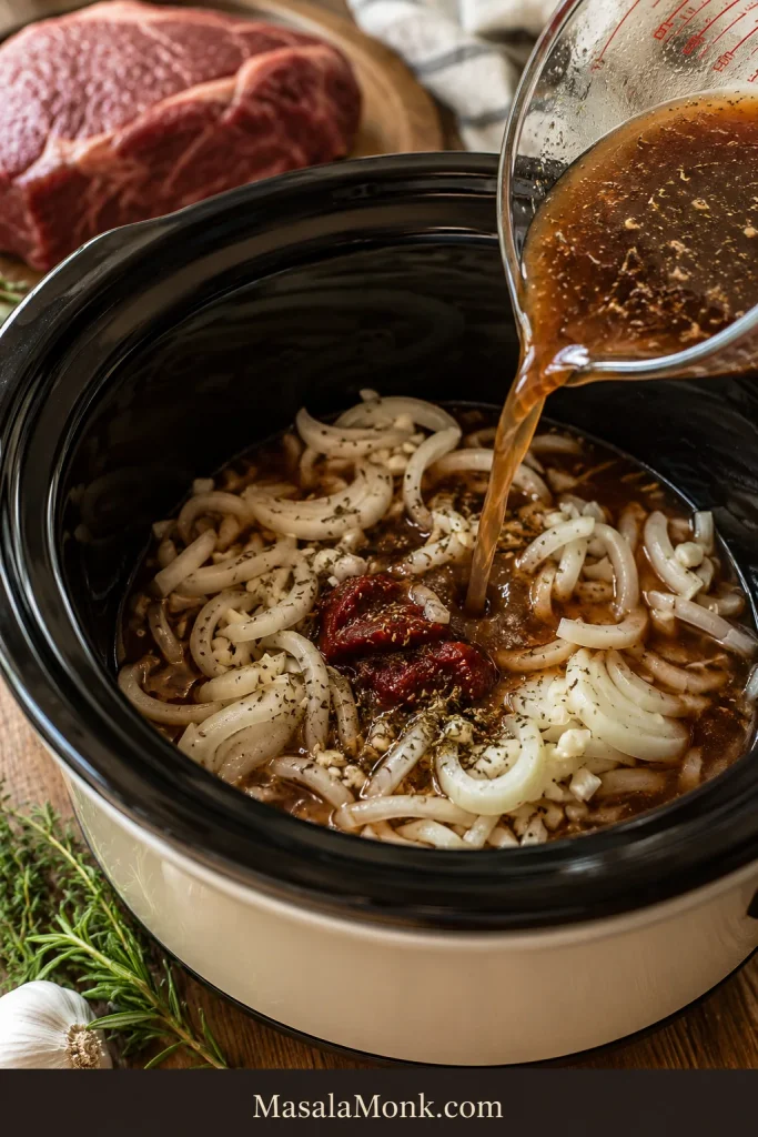 Sliced onions, garlic, tomato paste, herbs, and brown cooking liquid being added to a slow cooker.