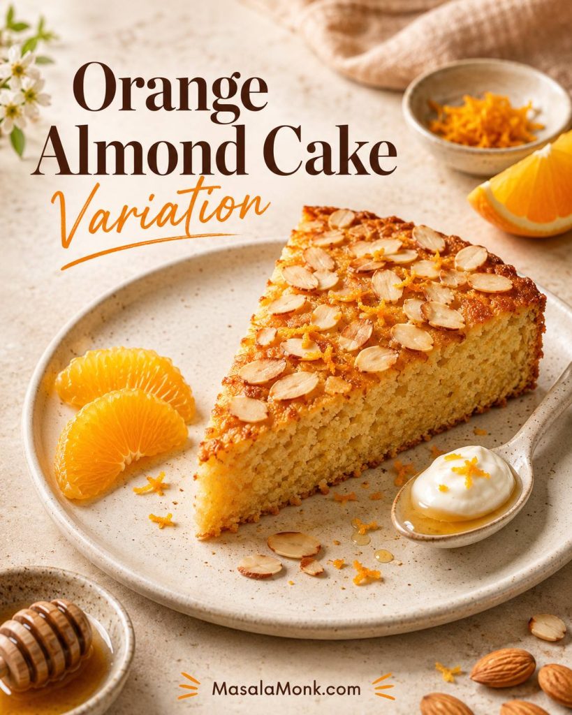 Orange almond cake slice with sliced almonds, orange zest, orange segments, honey, and yogurt.