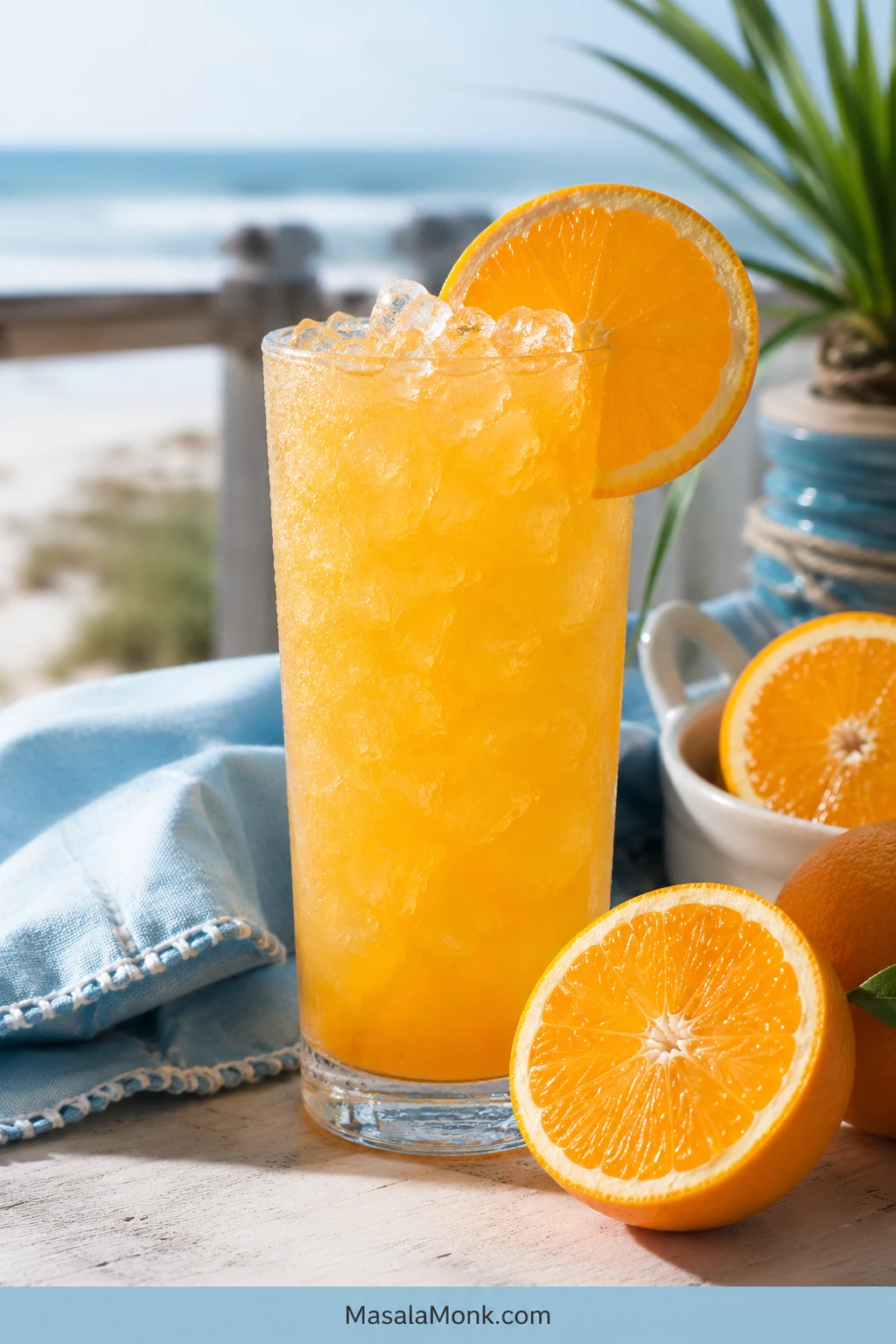 Tall Orange Crush cocktail in a clear glass with crushed ice, orange slice garnish, condensation, fresh oranges, and a coastal table setting.