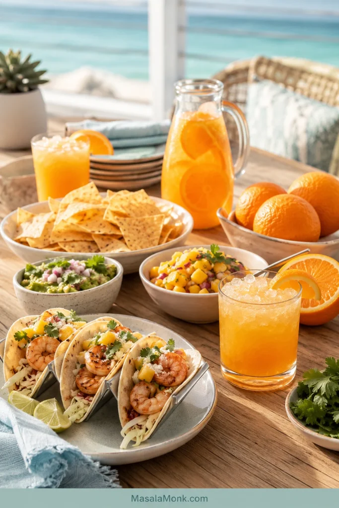 Orange Crush cocktail served on a bright coastal table with shrimp tacos, tortilla chips, mango salsa, guacamole, oranges, and a pitcher behind it.
