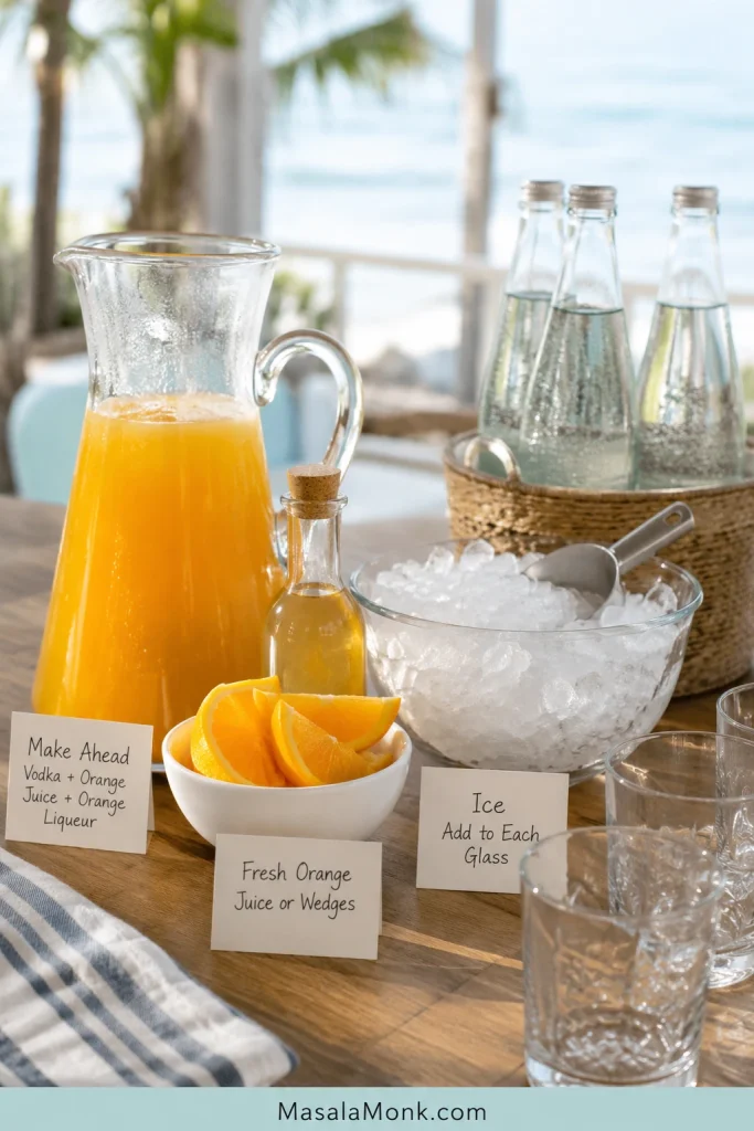 Make-ahead Orange Crush party setup with orange-vodka base in a pitcher, orange wedges, crushed ice bowl, empty glasses, and soda bottles kept separate.