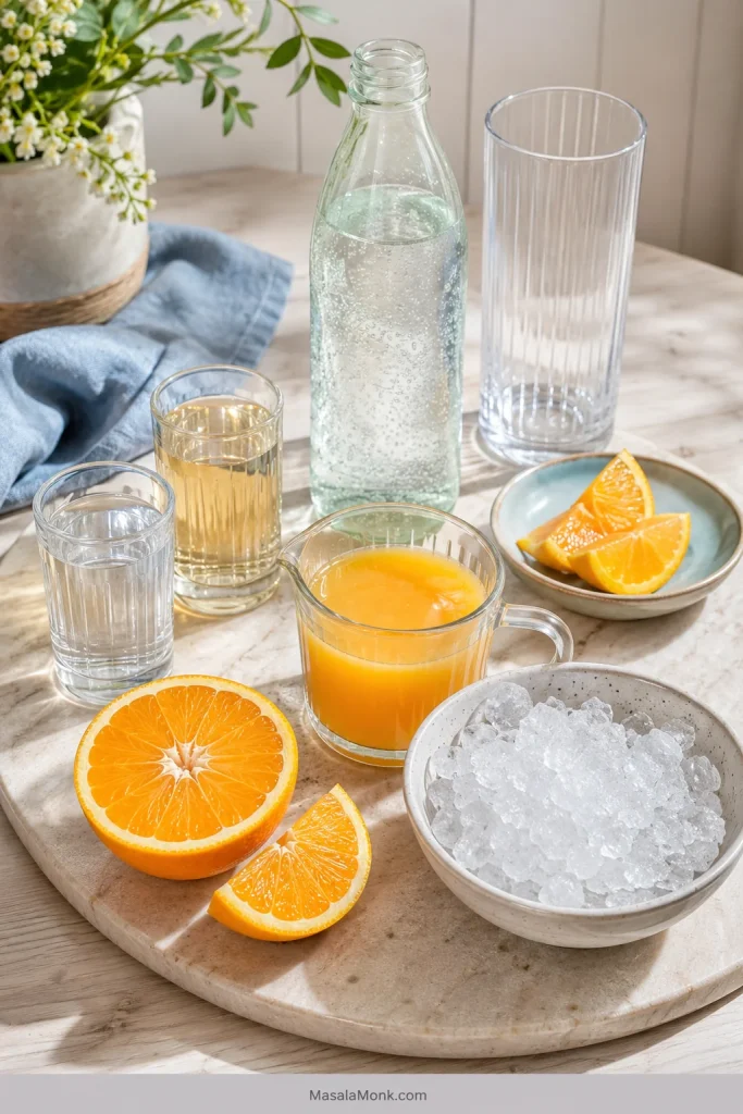 Orange Crush ingredients on a light tabletop, including fresh orange juice, vodka, orange liqueur, soda, crushed ice, orange wedges, and a tall glass.