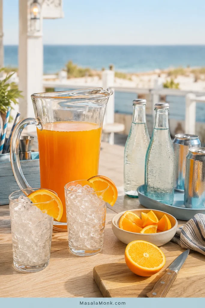 Orange Crush pitcher setup with orange base in a clear pitcher, crushed-ice glasses, orange wedges, a jigger, and separate bottles of soda.