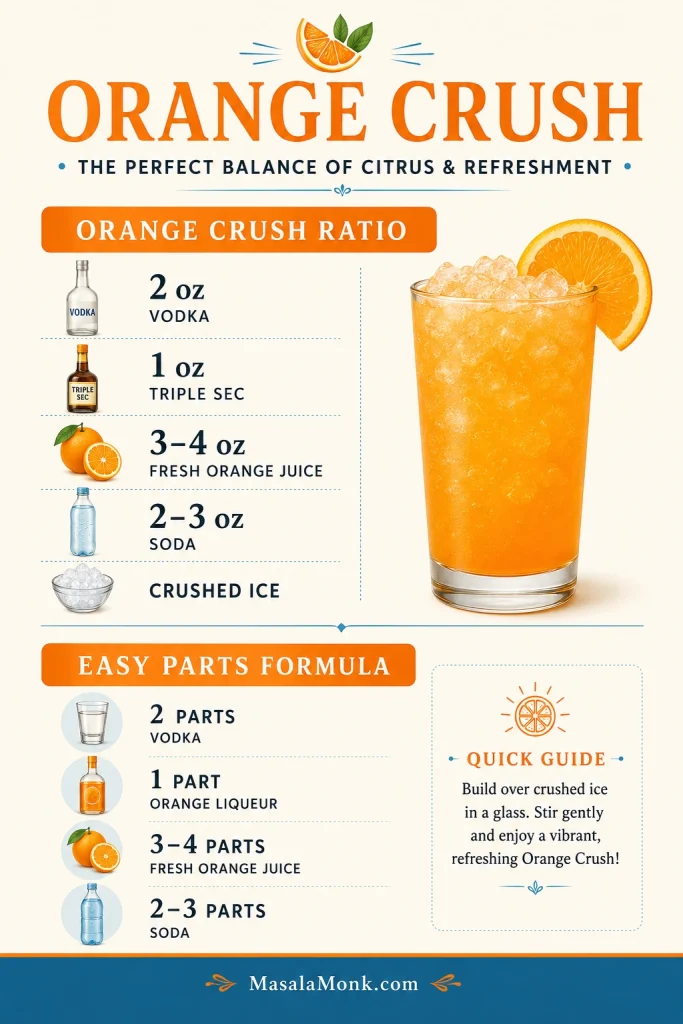 Infographic showing Orange Crush measurements for vodka, triple sec, fresh orange juice, soda, crushed ice, and a scalable parts formula.