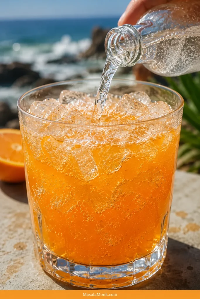 Clear soda being poured into a golden orange cocktail over crushed ice, with bubbles rising around the ice in the glass.