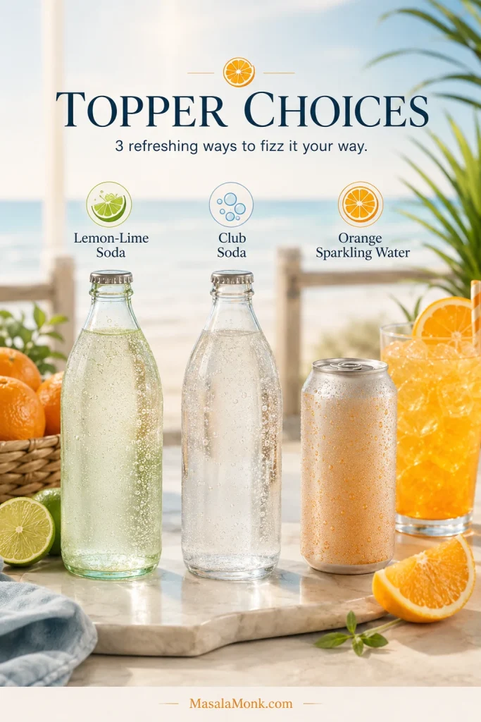 Topper comparison showing lemon-lime soda, club soda, and orange sparkling water with an Orange Crush cocktail in the background.