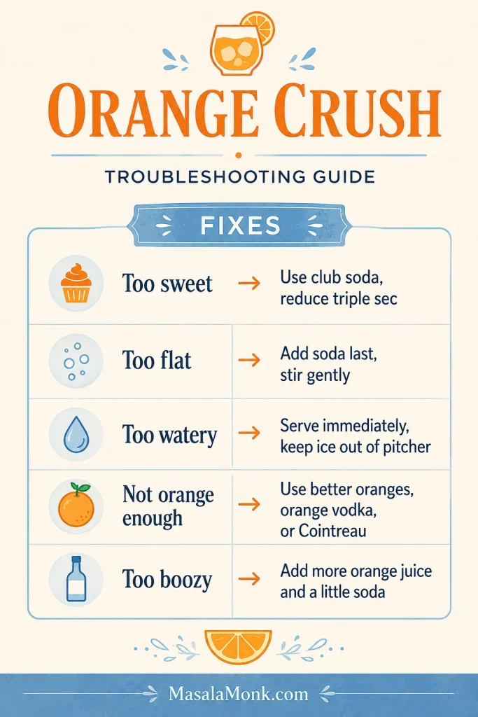 Orange Crush troubleshooting chart listing problems such as too sweet, too flat, too watery, not orange enough, and too boozy, with simple fixes.