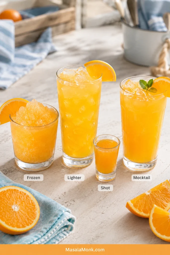 Four Orange Crush variations labeled Frozen, Lighter, Shot, and Mocktail, served in different glasses with orange garnishes on a tabletop.