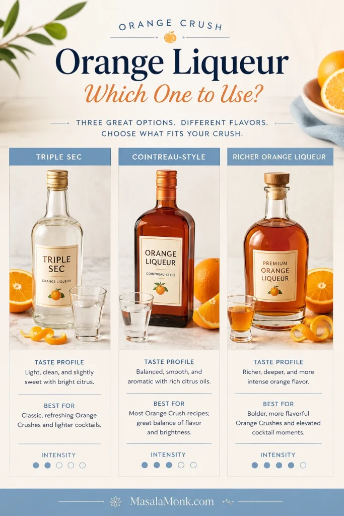 Orange liqueur comparison showing triple sec, Cointreau-style liqueur, and richer orange liqueur with bottles, small glasses, and orange props.