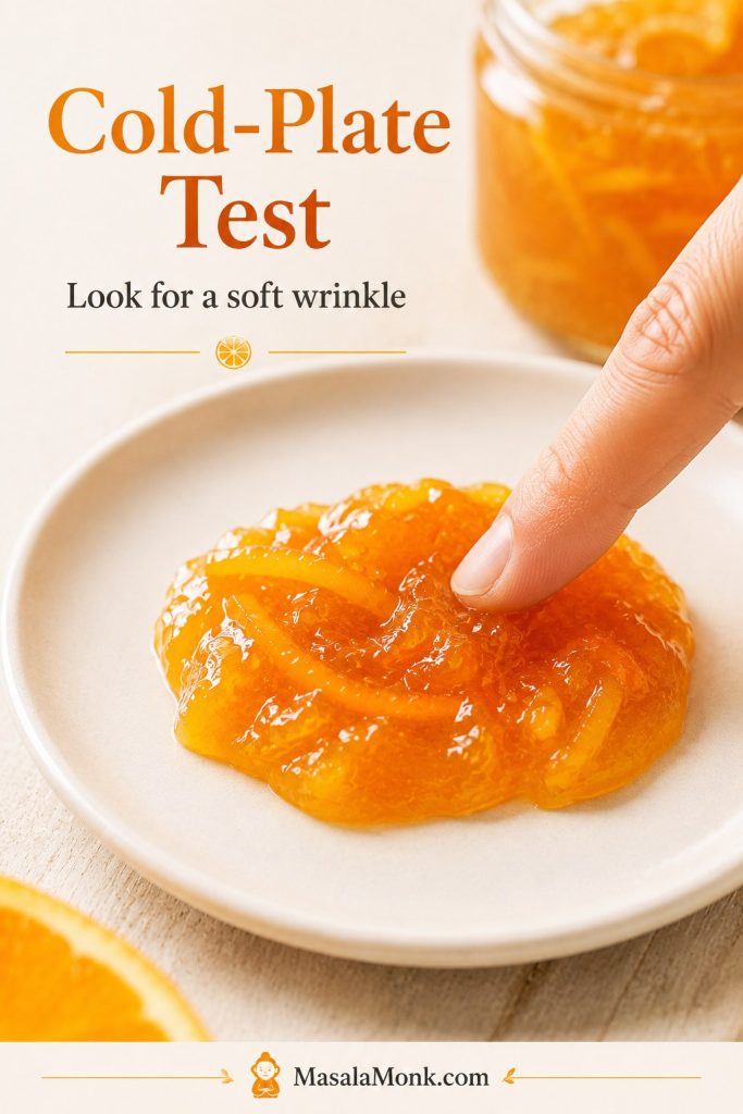 Finger pushing a spoonful of orange marmalade on a small white plate to check for a soft wrinkle.