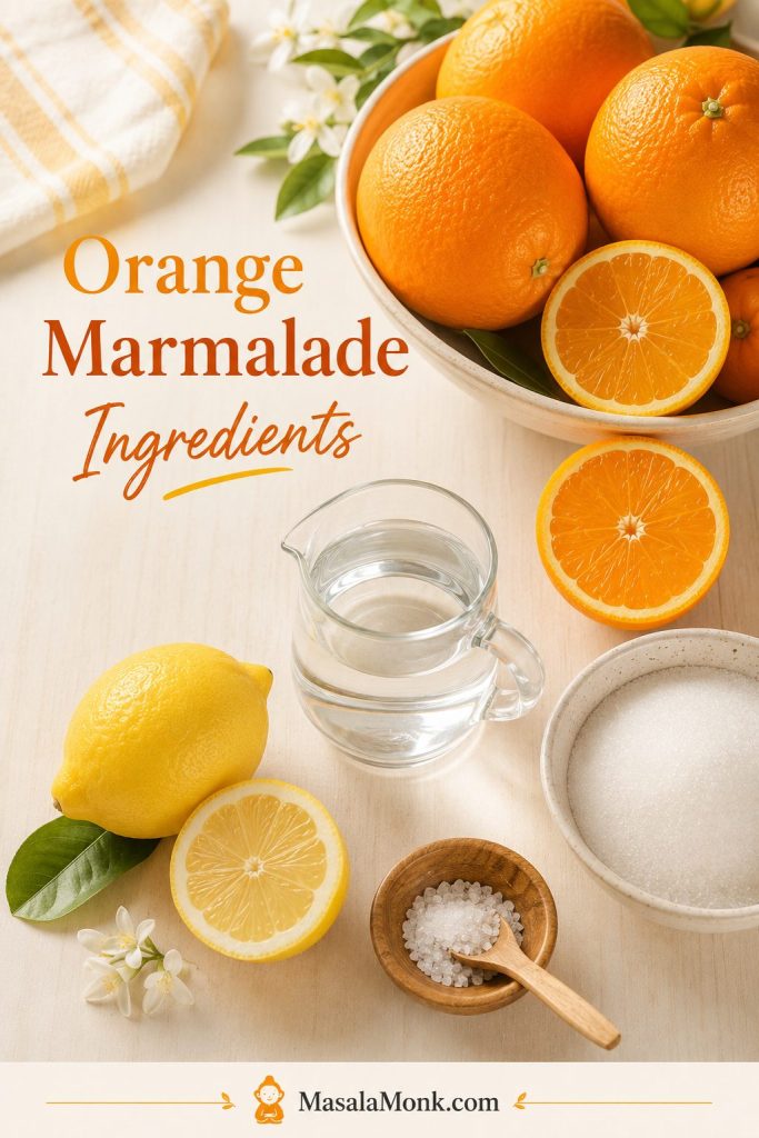 Oranges, lemon, sugar, water, and a small bowl of salt arranged on a light surface for making orange marmalade.