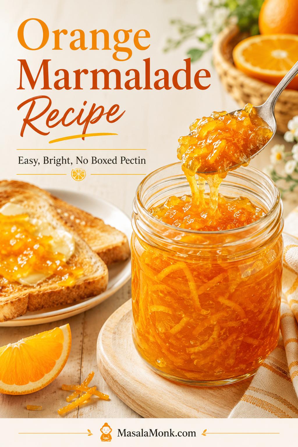 Clear glass jar of homemade orange marmalade with visible peel, a spoon lifting marmalade, buttered toast, and fresh oranges on a warm kitchen surface.