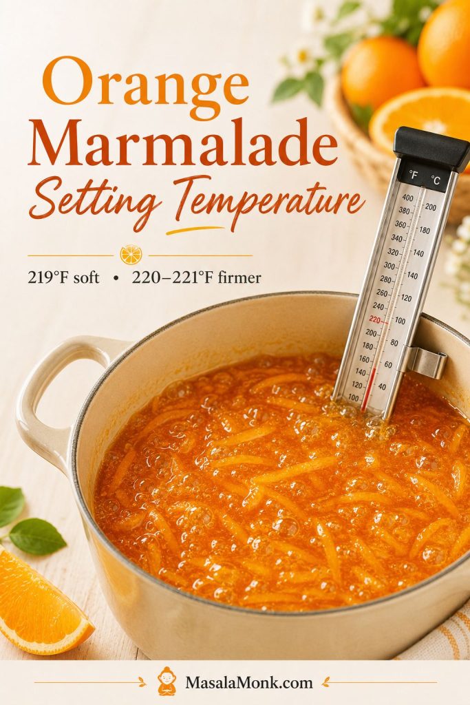 Candy thermometer clipped into a pot of bubbling orange marmalade with visible peel and temperature guidance above.