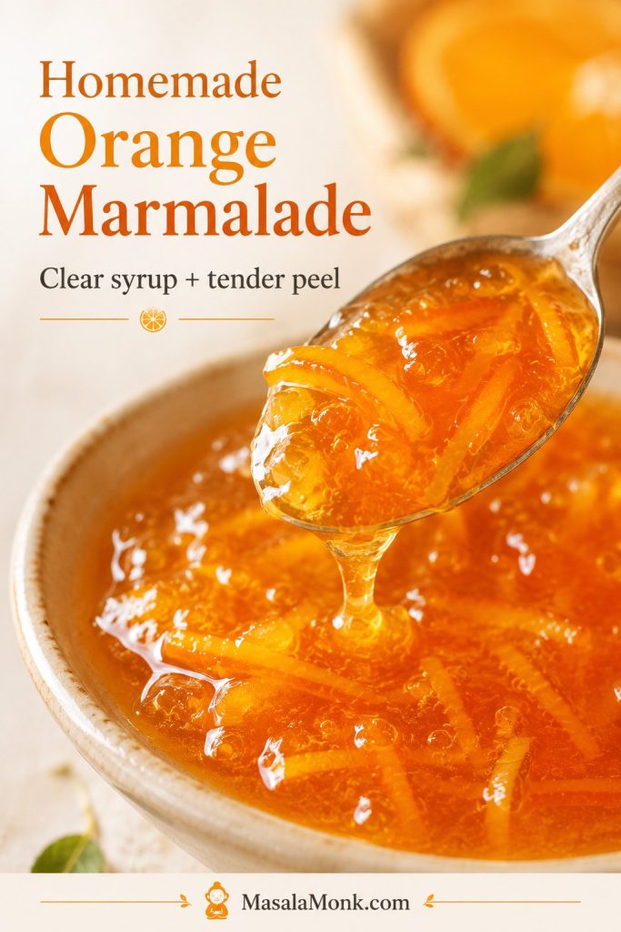 Close-up spoonful of orange marmalade showing clear amber syrup, tender orange peel strips, and a glossy spoonable texture.