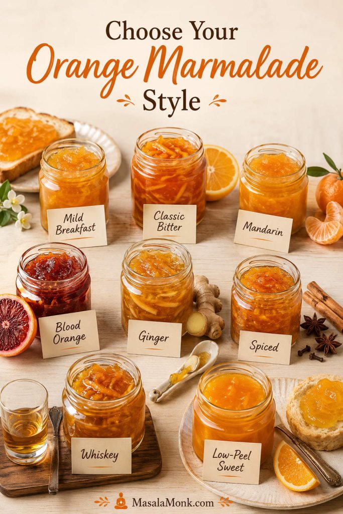 Multiple jars of orange marmalade variations labeled mild breakfast, classic bitter, mandarin, blood orange, ginger, spiced, whiskey, and low-peel sweet.