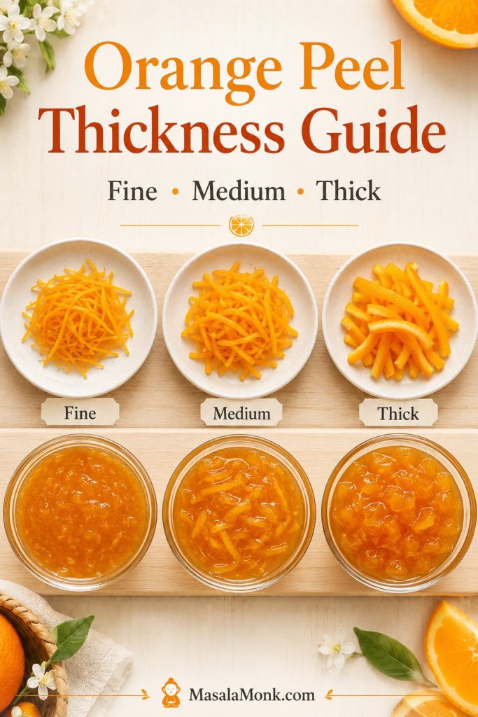 Guide showing fine, medium, and thick orange peel strips with matching marmalade texture samples underneath.