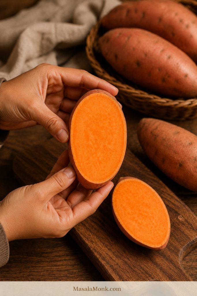 Hands holding a freshly cut raw orange sweet potato half with whole sweet potatoes in the background.