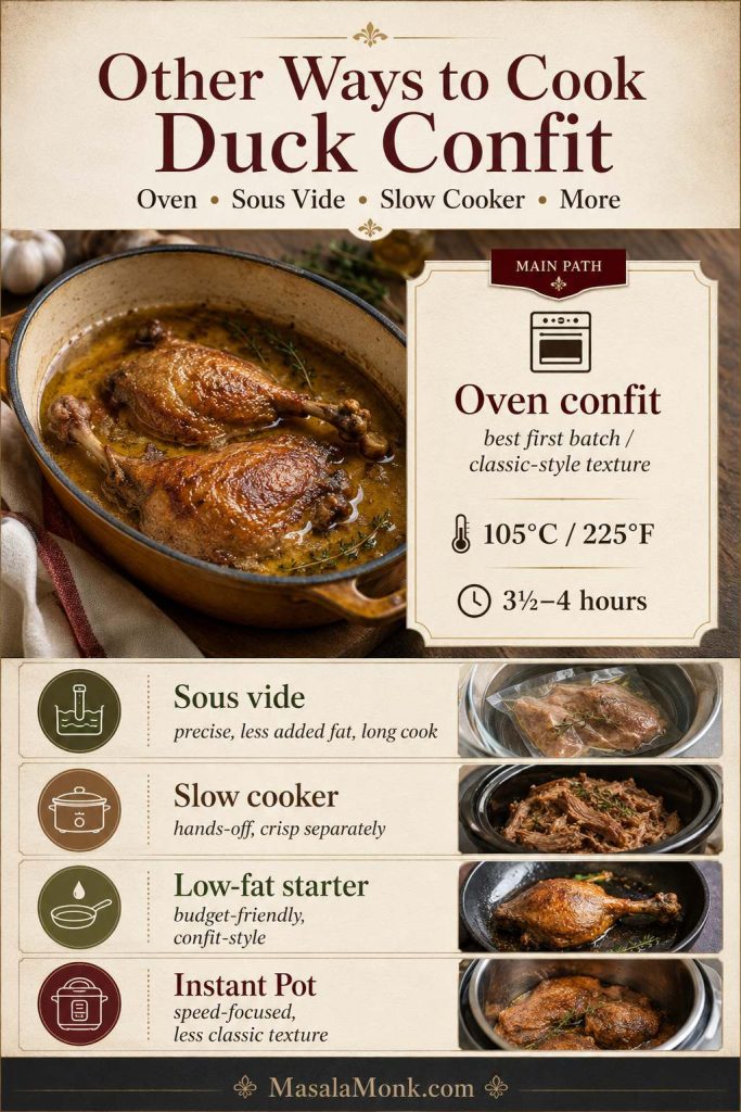 Duck confit method guide comparing oven confit with sous vide, slow cooker, low-fat starter, and Instant Pot approaches.