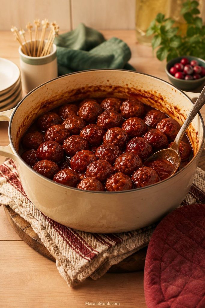 Oven-baked grape jelly meatballs in a cream-colored baking dish with a spoon, oven mitt, folded towel, and kitchen counter.