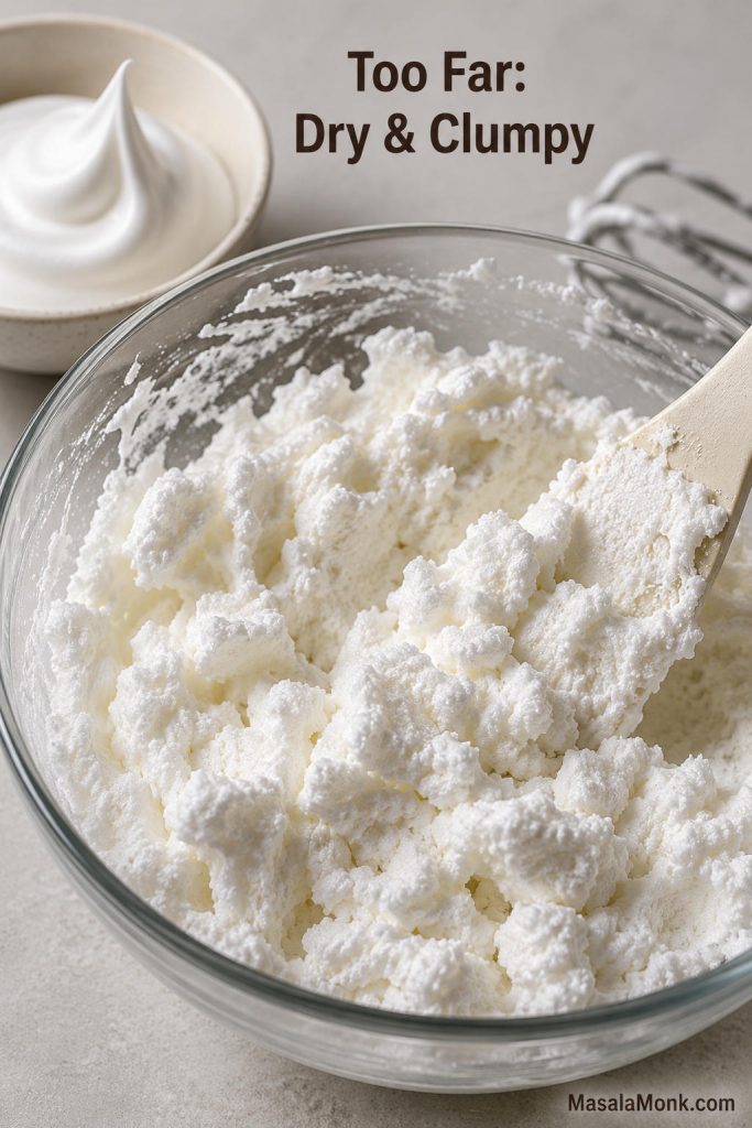Dry clumpy overbeaten meringue in a bowl with a glossy peak comparison in the background.