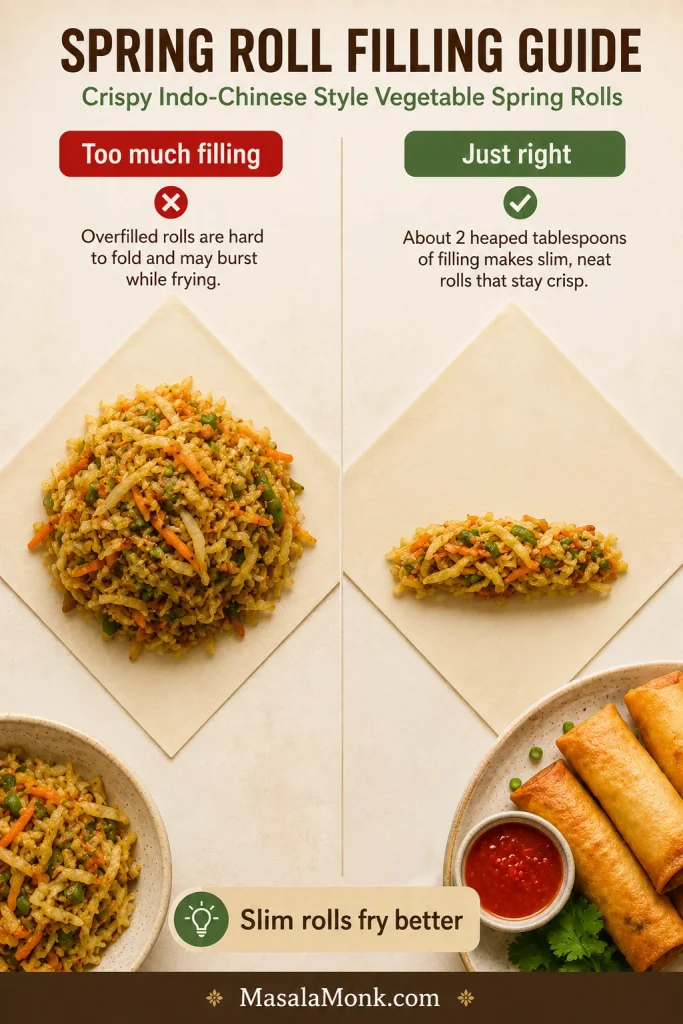 A guide comparing an overfilled spring roll wrapper with a correctly filled spring roll wrapper.